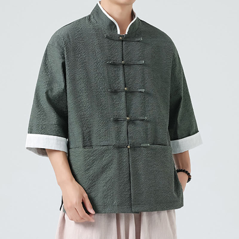 Buddha Stones Chemise à boutons pour homme, manches trois-quarts, couleur unie, style printemps, avec poches - image 24