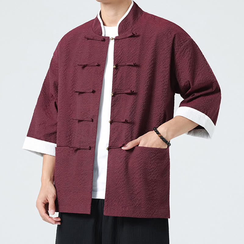 Buddha Stones Chemise à boutons pour homme, manches trois-quarts, couleur unie, style printemps, avec poches - image 19