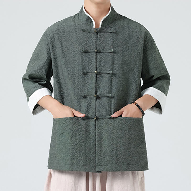 Buddha Stones Chemise à boutons pour homme, manches trois-quarts, couleur unie, style printemps, avec poches - image 23