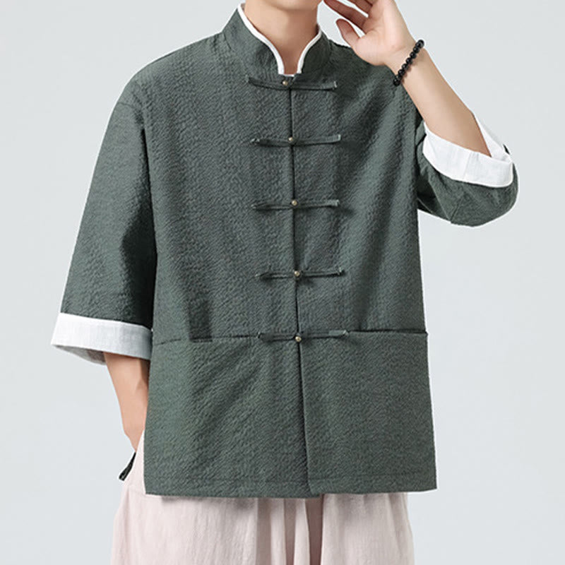 Buddha Stones Chemise à boutons pour homme, manches trois-quarts, couleur unie, style printemps, avec poches - image 25