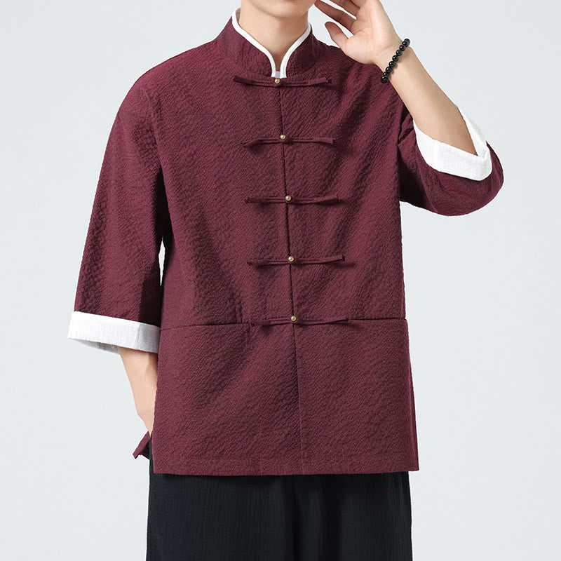 Buddha Stones Chemise à boutons pour homme, manches trois-quarts, couleur unie, style printemps, avec poches - image 16