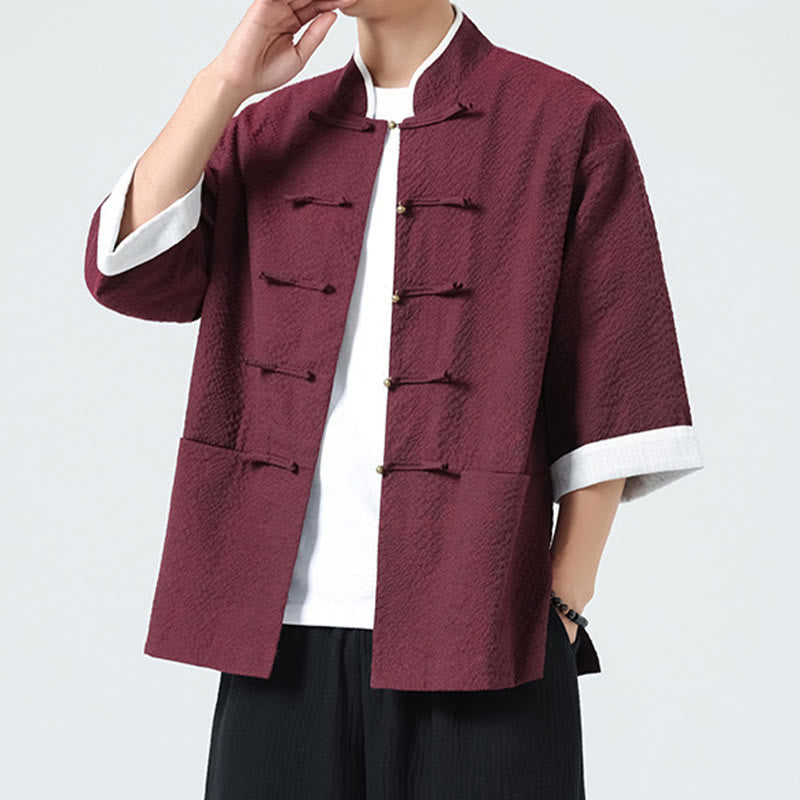 Buddha Stones Chemise à boutons pour homme, manches trois-quarts, couleur unie, style printemps, avec poches - image 20