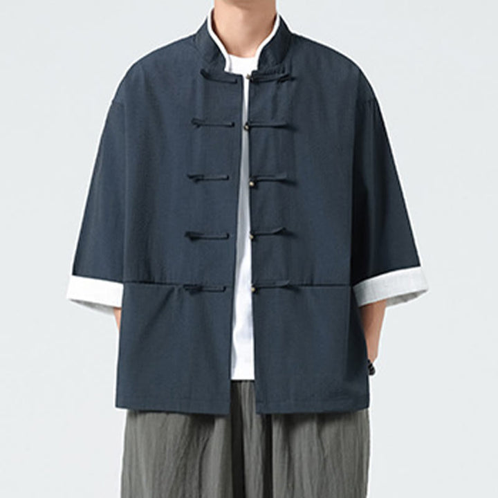 Buddha Stones Chemise à boutons pour homme, manches trois-quarts, couleur unie, style printemps, avec poches - image 6