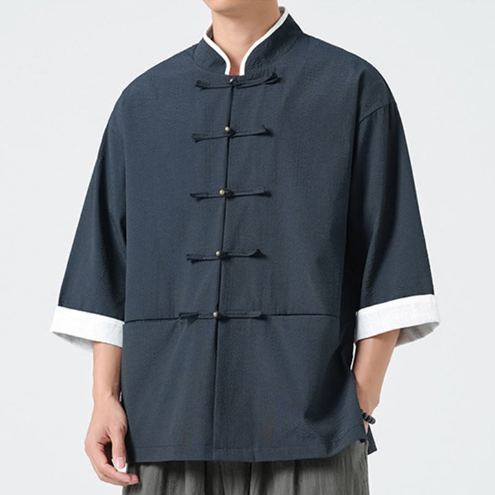 Buddha Stones Chemise à boutons pour homme, manches trois-quarts, couleur unie, style printemps, avec poches - image 3