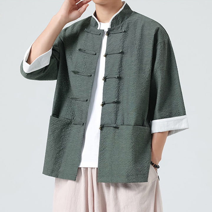 Buddha Stones Chemise à boutons pour homme, manches trois-quarts, couleur unie, style printemps, avec poches - image 30