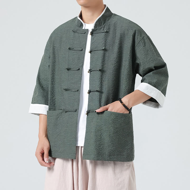 Buddha Stones Chemise à boutons pour homme, manches trois-quarts, couleur unie, style printemps, avec poches - image 29