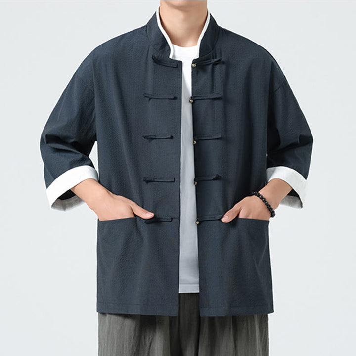 Buddha Stones Chemise à boutons pour homme, manches trois-quarts, couleur unie, style printemps, avec poches - image 8