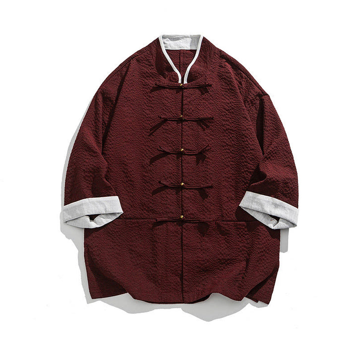 Buddha Stones Chemise à boutons pour homme, manches trois-quarts, couleur unie, style printemps, avec poches - Rouge foncé - US/UK/AU46，EU56 (5XL) - image 13