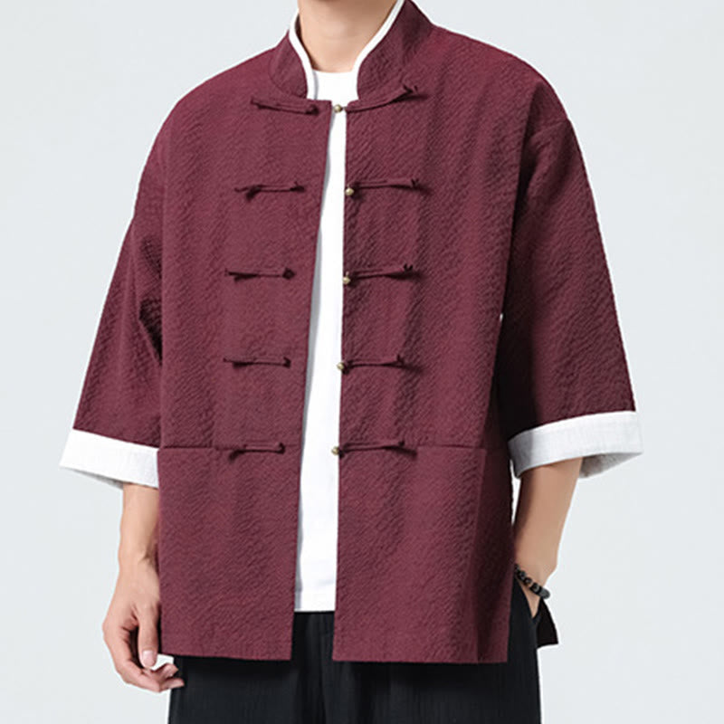 Buddha Stones Chemise à boutons pour homme, manches trois-quarts, couleur unie, style printemps, avec poches - image 18