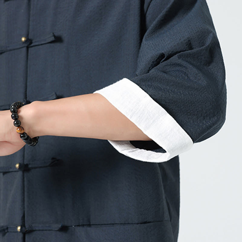 Buddha Stones Chemise à boutons pour homme, manches trois-quarts, couleur unie, style printemps, avec poches - image 12