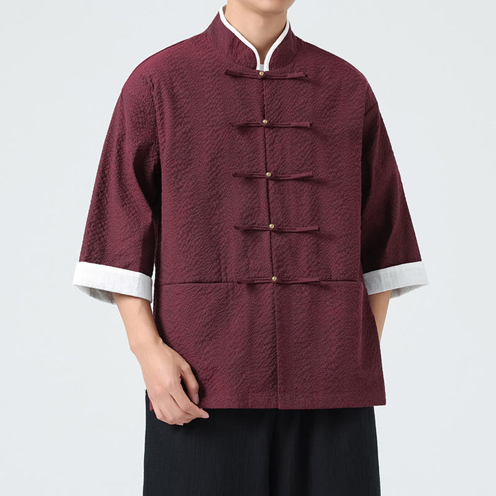 Buddha Stones Chemise à boutons pour homme, manches trois-quarts, couleur unie, style printemps, avec poches - image 15