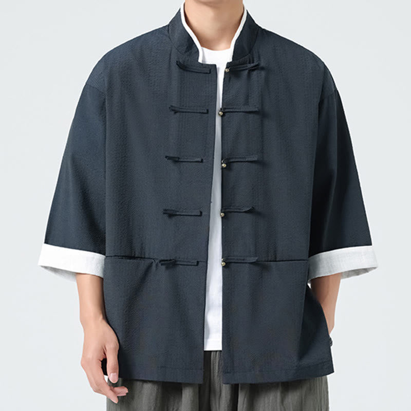 Buddha Stones Chemise à boutons pour homme, manches trois-quarts, couleur unie, style printemps, avec poches - image 7