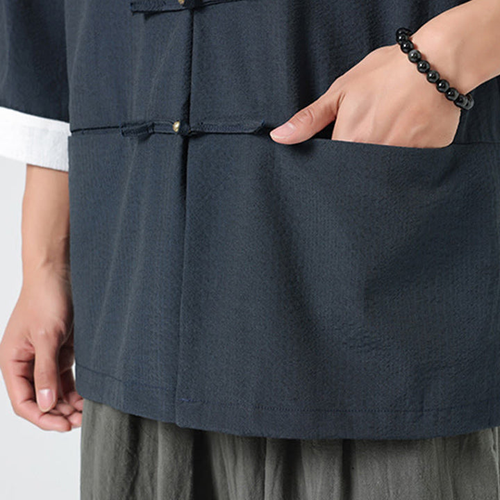 Buddha Stones Chemise à boutons pour homme, manches trois-quarts, couleur unie, style printemps, avec poches - image 10