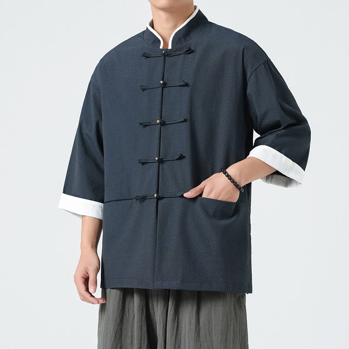 Buddha Stones Chemise à boutons pour homme, manches trois-quarts, couleur unie, style printemps, avec poches - image 2