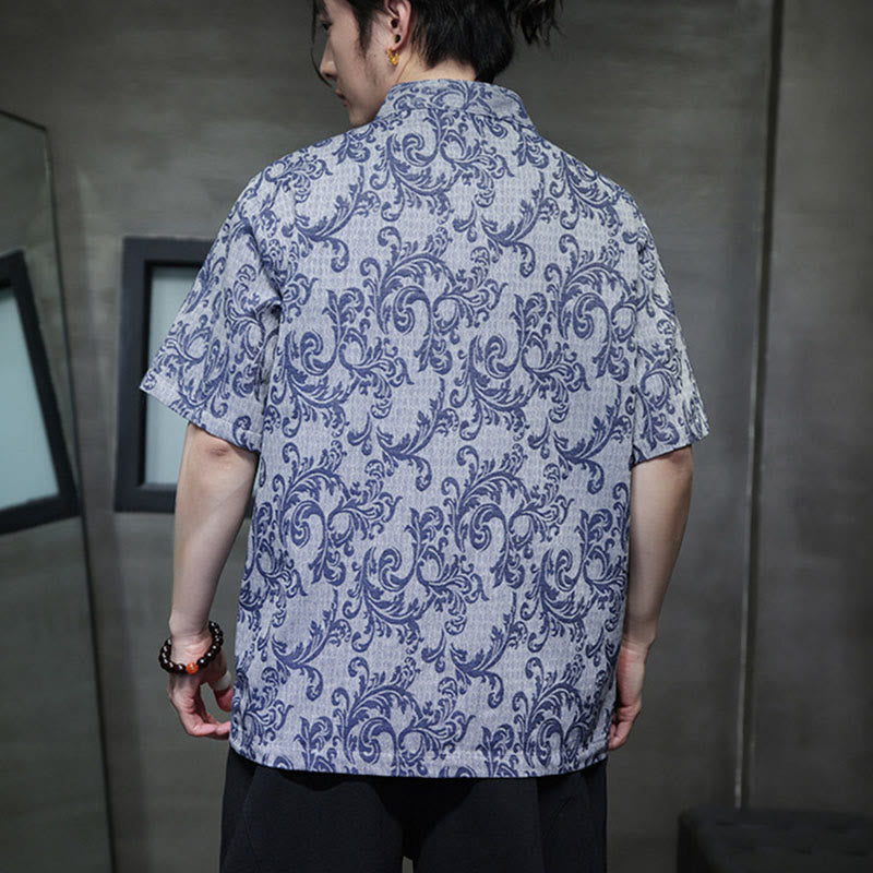 Buddha Stones Chemise à manches courtes pour homme Tang Suit, motif floral d'été, fermeture à boutons brandebourg et poches - image 1