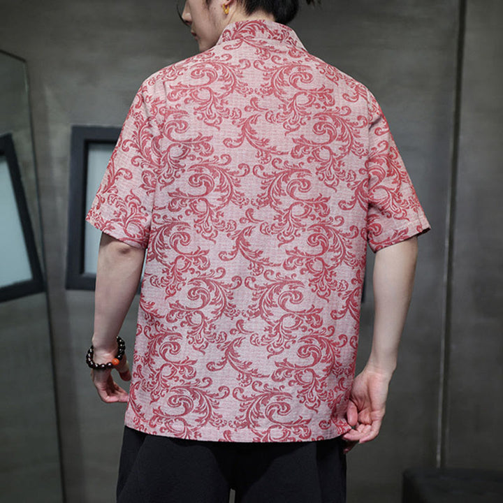 Buddha Stones Chemise à manches courtes pour homme Tang Suit, motif floral d'été, fermeture à boutons brandebourg et poches - image 15
