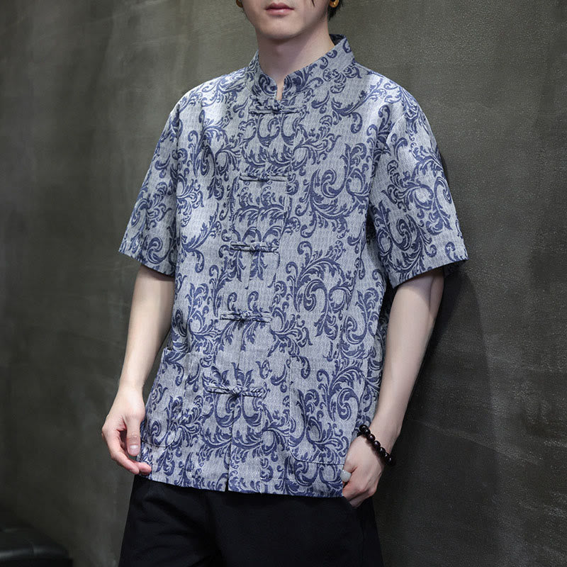 Buddha Stones Chemise à manches courtes pour homme Tang Suit, motif floral d'été, fermeture à boutons brandebourg et poches - image 8