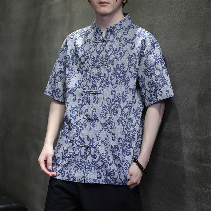Buddha Stones Chemise à manches courtes pour homme Tang Suit, motif floral d'été, fermeture à boutons brandebourg et poches - image 8