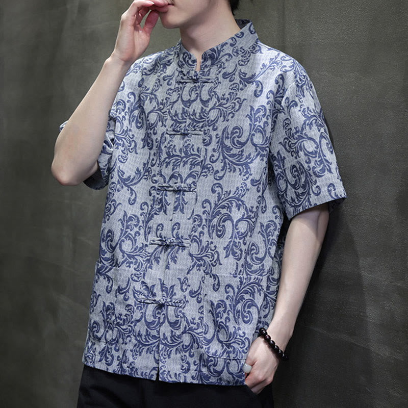 Buddha Stones Chemise à manches courtes pour homme Tang Suit, motif floral d'été, fermeture à boutons brandebourg et poches - image 7