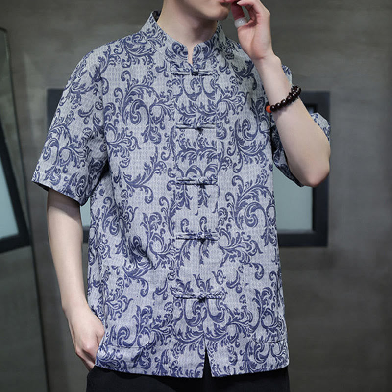 Buddha Stones Chemise à manches courtes pour homme Tang Suit, motif floral d'été, fermeture à boutons brandebourg et poches - image 4