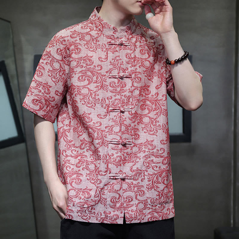 Buddha Stones Chemise à manches courtes pour homme Tang Suit, motif floral d'été, fermeture à boutons brandebourg et poches - image 17