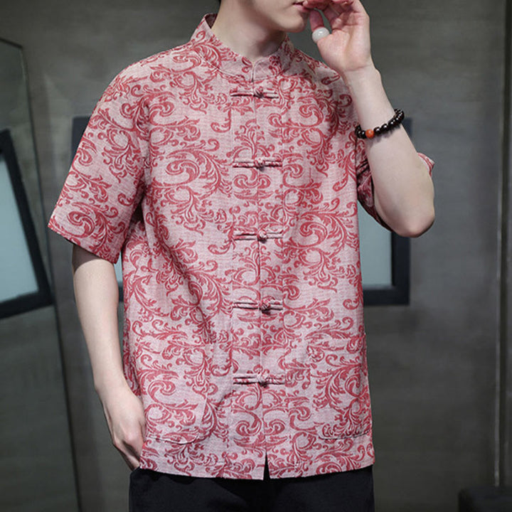 Buddha Stones Chemise à manches courtes pour homme Tang Suit, motif floral d'été, fermeture à boutons brandebourg et poches - image 17