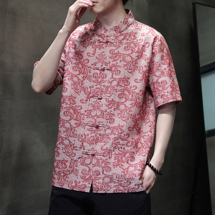 Buddha Stones Chemise à manches courtes pour homme Tang Suit, motif floral d'été, fermeture à boutons brandebourg et poches - image 19