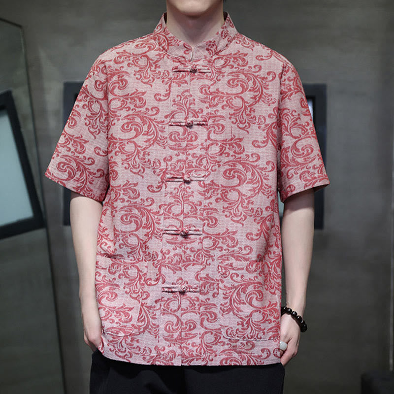 Buddha Stones Chemise à manches courtes pour homme Tang Suit, motif floral d'été, fermeture à boutons brandebourg et poches - Rose clair - US/UK/AU44，EU54 (4XL) - image 14