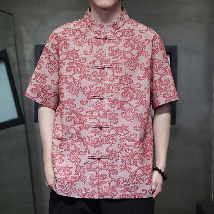 Buddha Stones Chemise à manches courtes pour homme Tang Suit, motif floral d'été, fermeture à boutons brandebourg et poches - Rose clair - US/UK/AU44，EU54 (4XL) - image 14