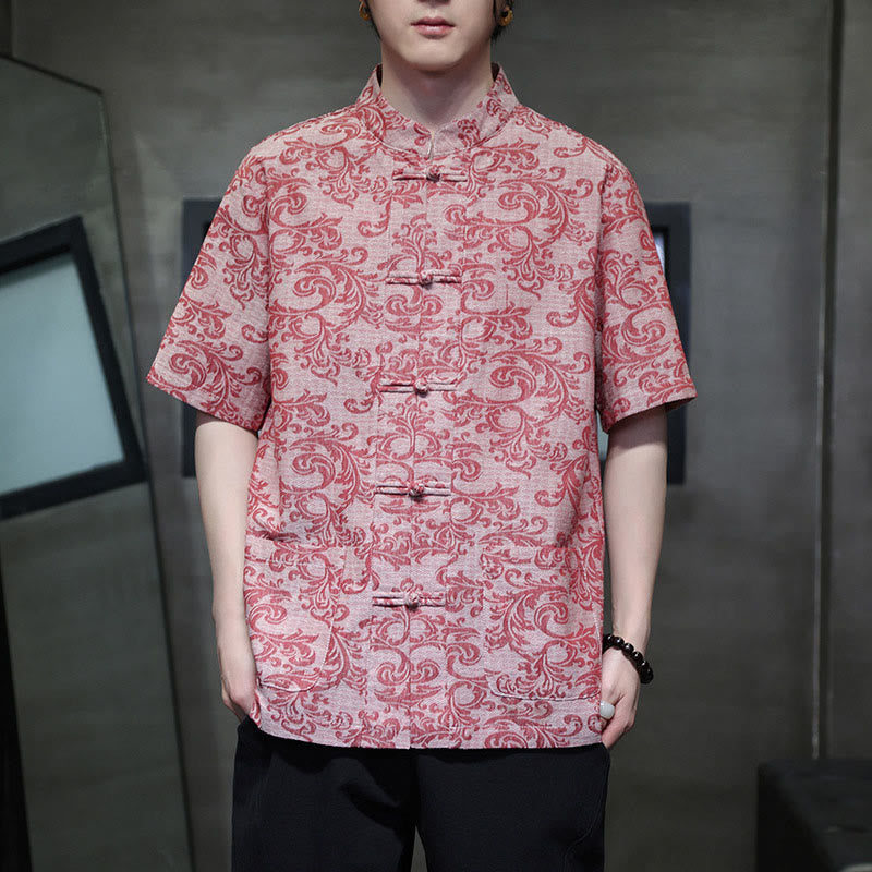 Buddha Stones Chemise à manches courtes pour homme Tang Suit, motif floral d'été, fermeture à boutons brandebourg et poches - image 18