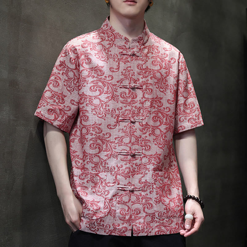 Buddha Stones Chemise à manches courtes pour homme Tang Suit, motif floral d'été, fermeture à boutons brandebourg et poches - image 20