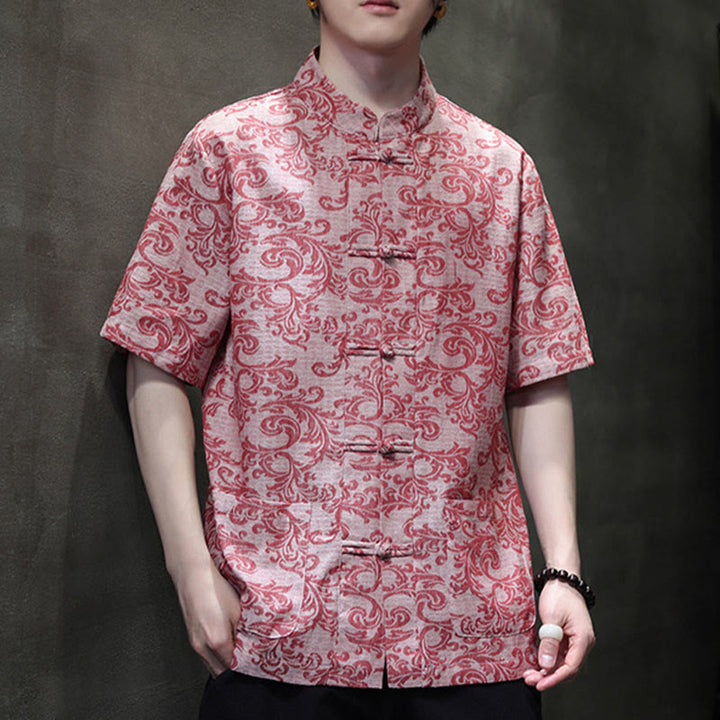 Buddha Stones Chemise à manches courtes pour homme Tang Suit, motif floral d'été, fermeture à boutons brandebourg et poches - image 20