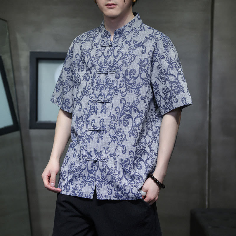 Buddha Stones Chemise à manches courtes pour homme Tang Suit, motif floral d'été, fermeture à boutons brandebourg et poches - image 6