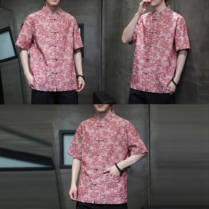 Buddha Stones Chemise à manches courtes pour homme Tang Suit, motif floral d'été, fermeture à boutons brandebourg et poches - image 21