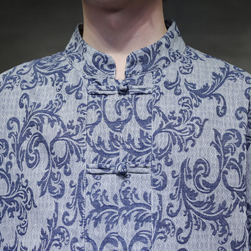 Buddha Stones Chemise à manches courtes pour homme Tang Suit, motif floral d'été, fermeture à boutons brandebourg et poches - image 10