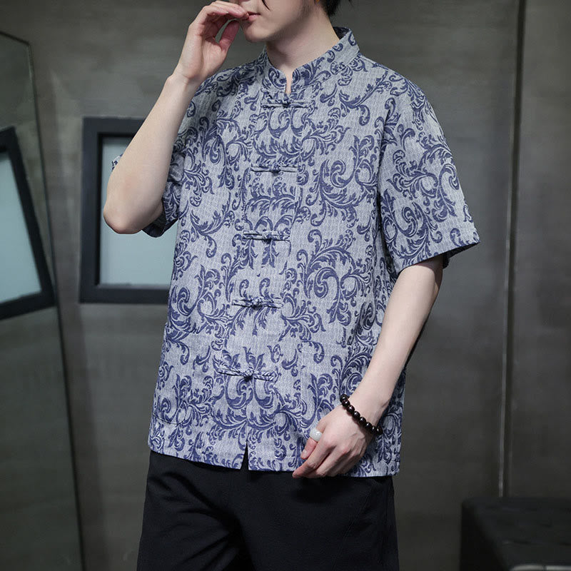 Buddha Stones Chemise à manches courtes pour homme Tang Suit, motif floral d'été, fermeture à boutons brandebourg et poches - image 2