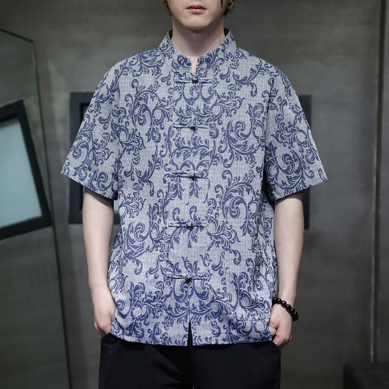 Buddha Stones Chemise à manches courtes pour homme Tang Suit, motif floral d'été, fermeture à boutons brandebourg et poches - Bleu acier clair - US/UK/AU44，EU54 (4XL) - image 0