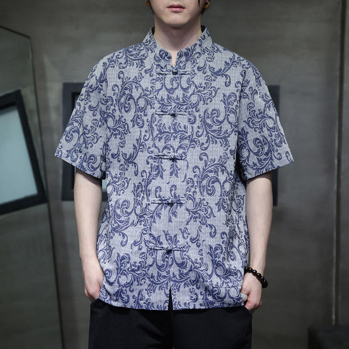 Buddha Stones Chemise à manches courtes pour homme Tang Suit, motif floral d'été, fermeture à boutons brandebourg et poches - Bleu acier clair - US/UK/AU44，EU54 (4XL) - image 0