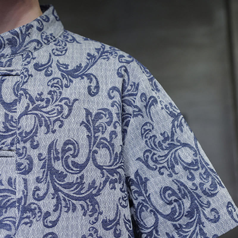 Buddha Stones Chemise à manches courtes pour homme Tang Suit, motif floral d'été, fermeture à boutons brandebourg et poches - image 11