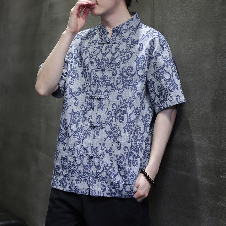 Buddha Stones Chemise à manches courtes pour homme Tang Suit, motif floral d'été, fermeture à boutons brandebourg et poches - image 5
