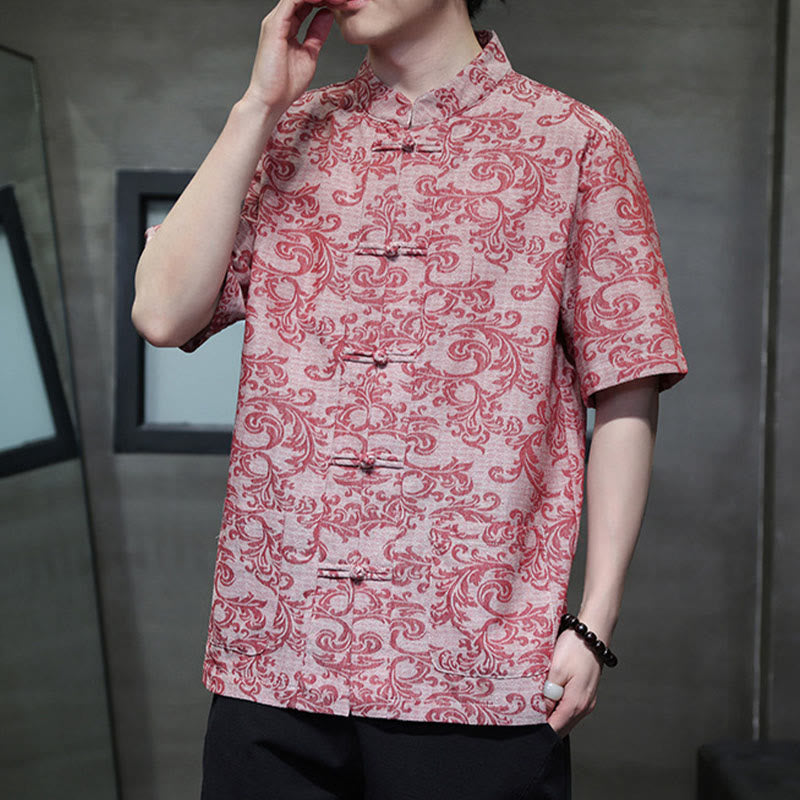 Buddha Stones Chemise à manches courtes pour homme Tang Suit, motif floral d'été, fermeture à boutons brandebourg et poches - image 16