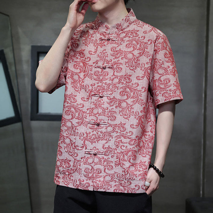 Buddha Stones Chemise à manches courtes pour homme Tang Suit, motif floral d'été, fermeture à boutons brandebourg et poches - image 16