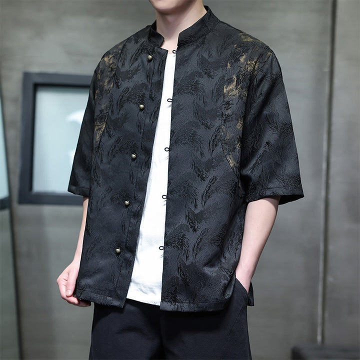 Buddha Stones Chemise à manches courtes en coton pour homme, à boutons, motif jacquard texturé Bagua - image 10