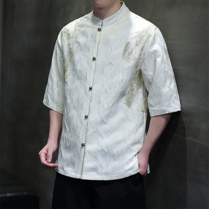 Buddha Stones Chemise à manches courtes en coton pour homme, à boutons, motif jacquard texturé Bagua - Blanc - US/UK/AU46，EU56 (5XL) - image 0