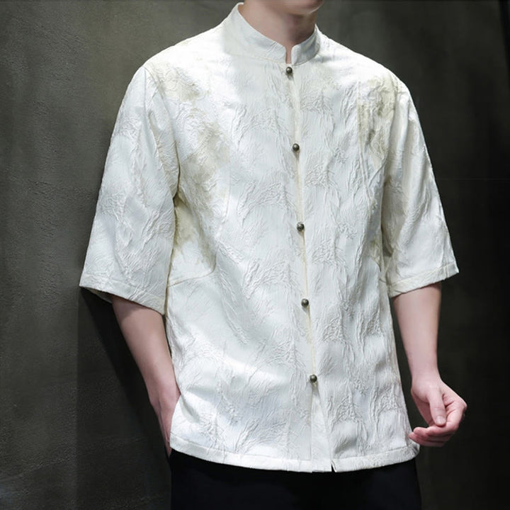 Buddha Stones Chemise à manches courtes en coton pour homme, à boutons, motif jacquard texturé Bagua - image 1