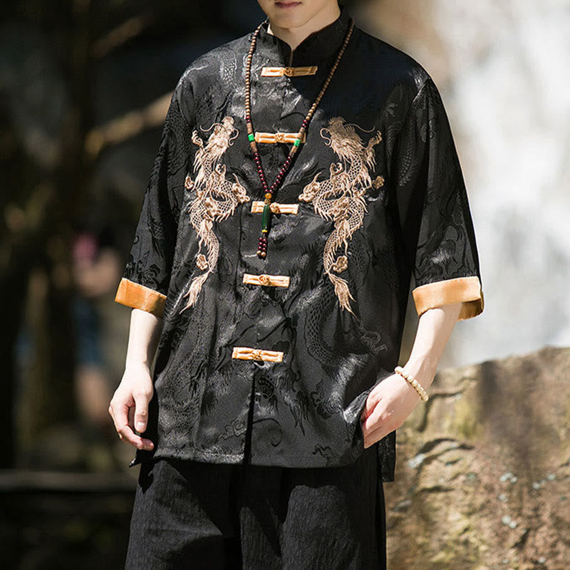 Buddha Stones Chemise Tang Suit pour homme à manches courtes et boutons brandebourg, motif dragon brodé et colorblock - image 13