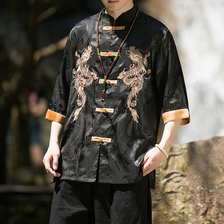 Buddha Stones Chemise Tang Suit pour homme à manches courtes et boutons brandebourg, motif dragon brodé et colorblock - image 13