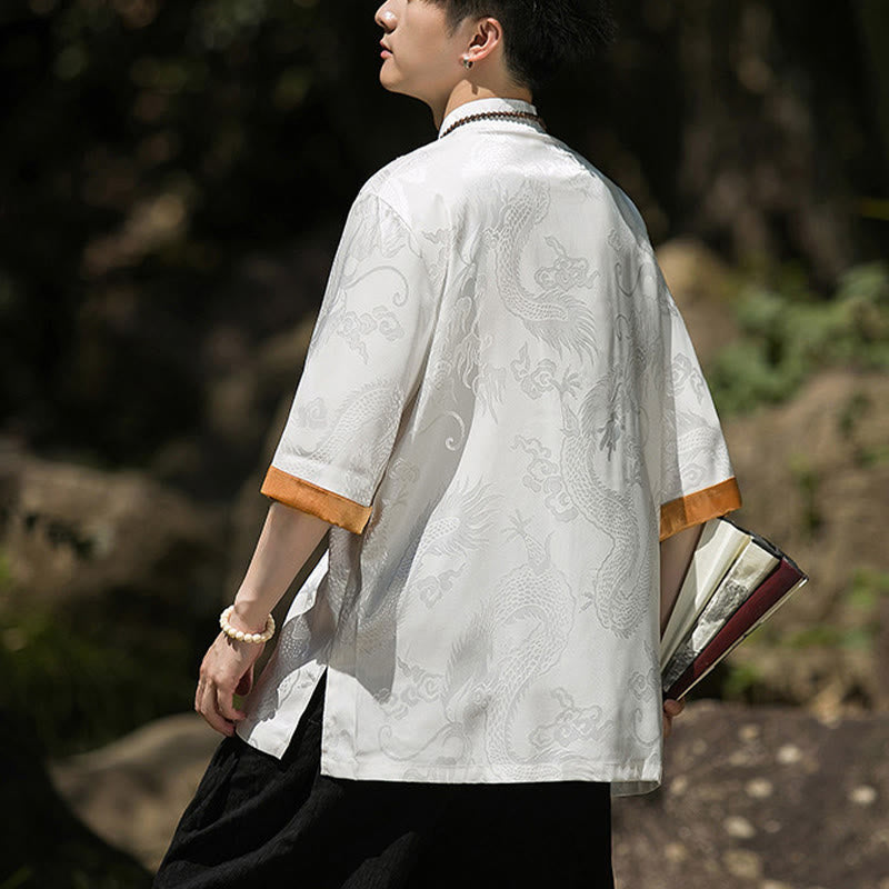 Buddha Stones Chemise Tang Suit pour homme à manches courtes et boutons brandebourg, motif dragon brodé et colorblock - image 2