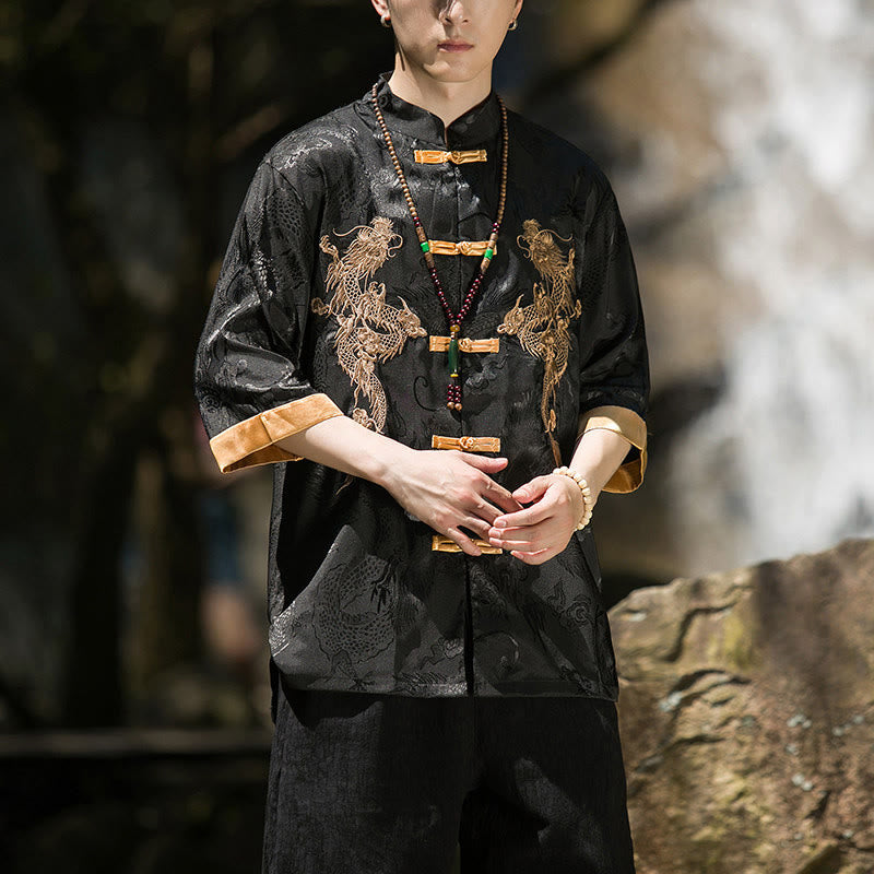 Buddha Stones Chemise Tang Suit pour homme à manches courtes et boutons brandebourg, motif dragon brodé et colorblock - image 12
