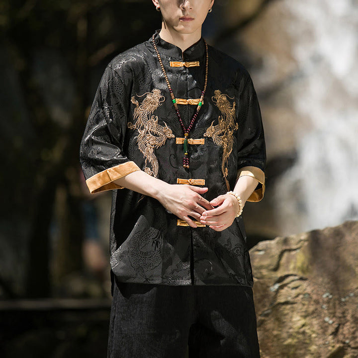 Buddha Stones Chemise Tang Suit pour homme à manches courtes et boutons brandebourg, motif dragon brodé et colorblock - image 12